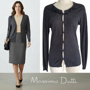 Massimo Dutti Lyocell Cotton Ruffle Detail Neckline Lightweight Gray Cardigan M